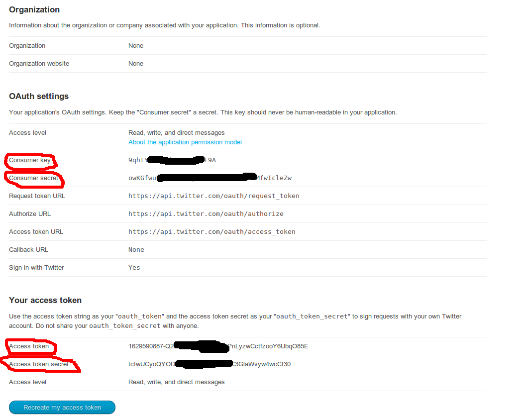 Настройки приложение в api twitter