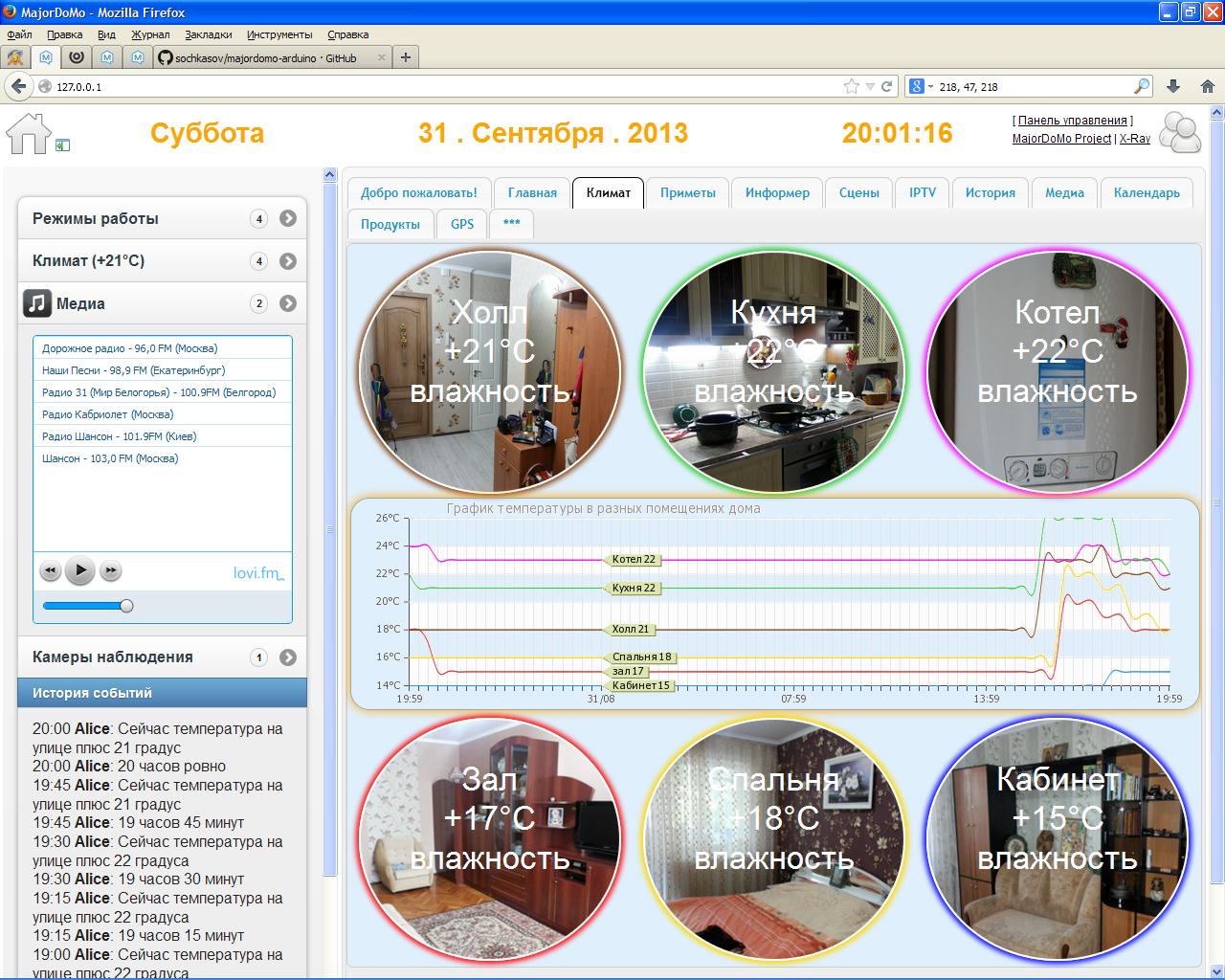 При нажатии на любую кнопку помещения появляется график температуры в зтом помещении,<br />если же нажать на график то появится общий график